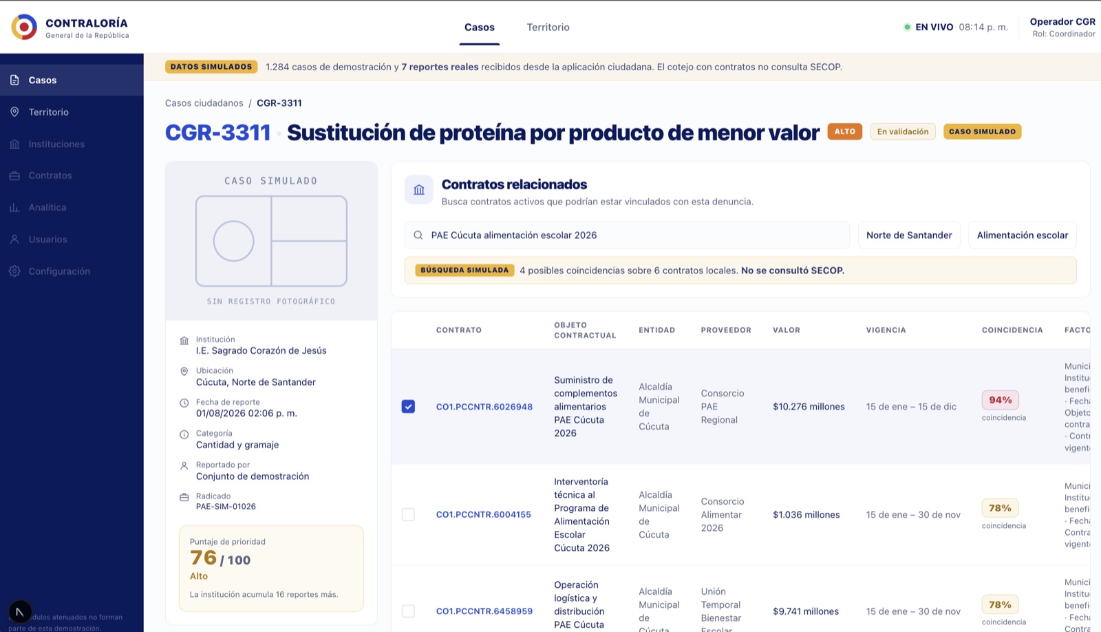 Detalle de un caso con los contratos públicos relacionados: entidad, proveedor, valor y porcentaje de coincidencia