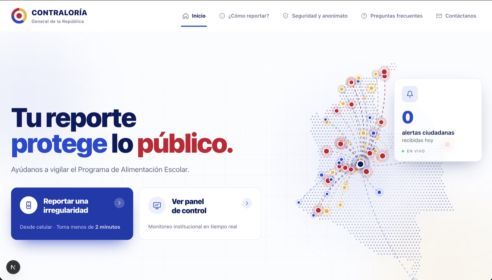 Página de inicio de la plataforma de denuncias: un mensaje claro, dos botones y el mapa de alertas ciudadanas en vivo