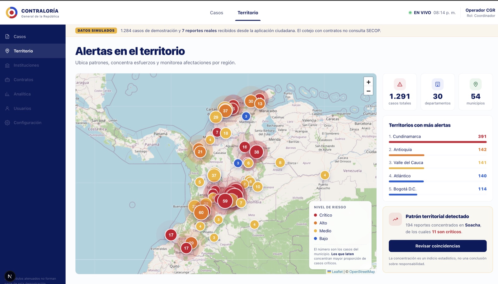 Mapa de alertas en el territorio: casos por municipio con nivel de riesgo y patrones territoriales detectados