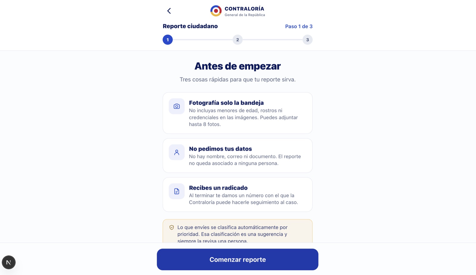 Primer paso del reporte ciudadano: fotografía solo la bandeja, no pedimos tus datos y recibes un radicado