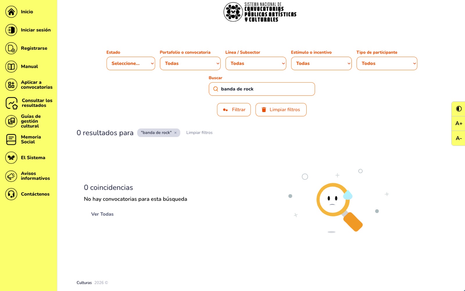 Búsqueda de "banda de rock" en la plataforma oficial de convocatorias del Ministerio de las Culturas: cero resultados