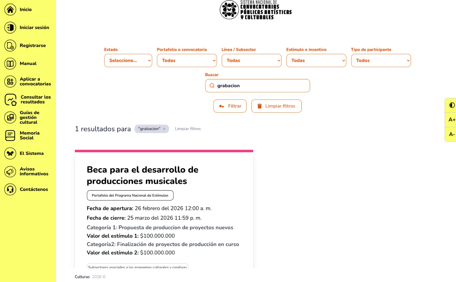 Beca para el desarrollo de producciones musicales con estímulos de 100 millones de pesos, cerrada el 25 de marzo de 2026