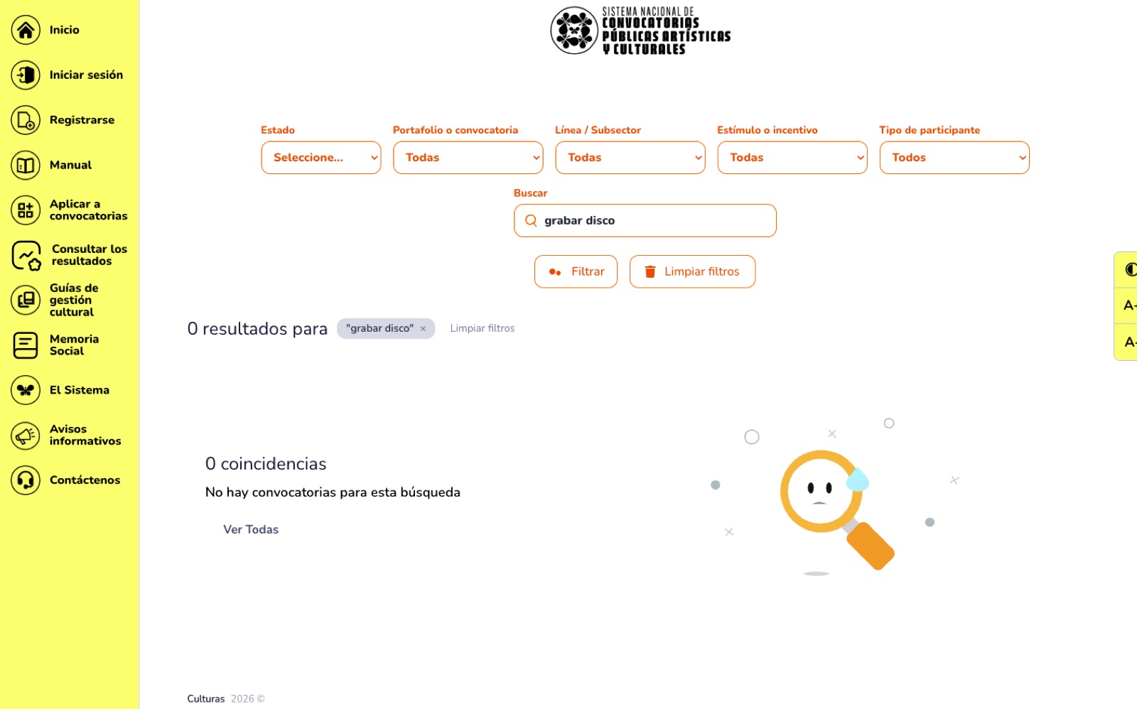 Búsqueda de "grabar disco" en el sistema de convocatorias: sin coincidencias