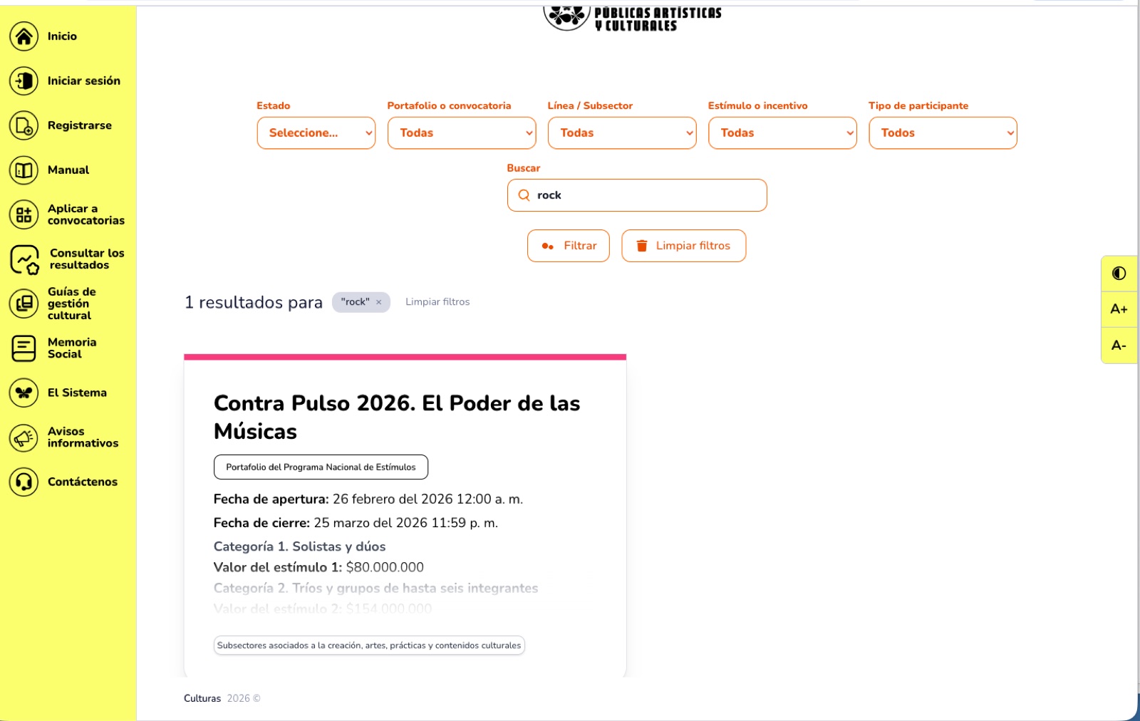La misma plataforma devuelve Contra Pulso 2026 al buscar solo la palabra "rock"