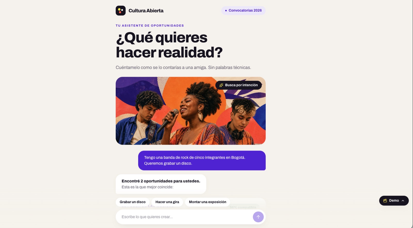 Chat de Cultura Abierta preguntando qué quiere hacer realidad el artista, sin palabras técnicas