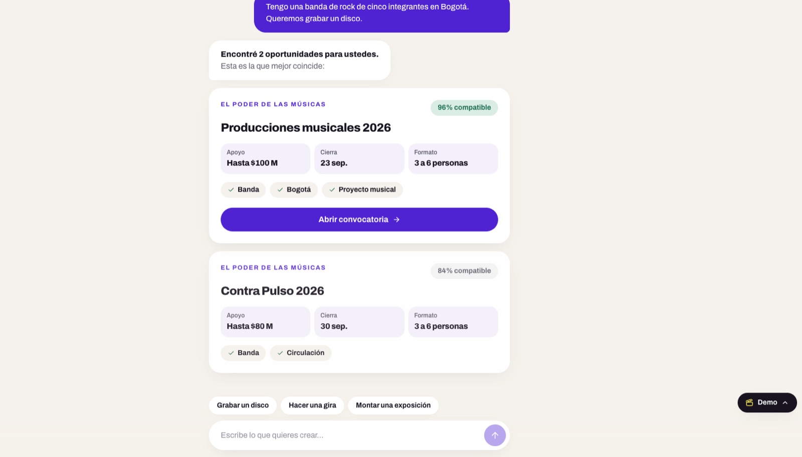 El chat encuentra dos convocatorias compatibles para una banda de rock de cinco integrantes en Bogotá