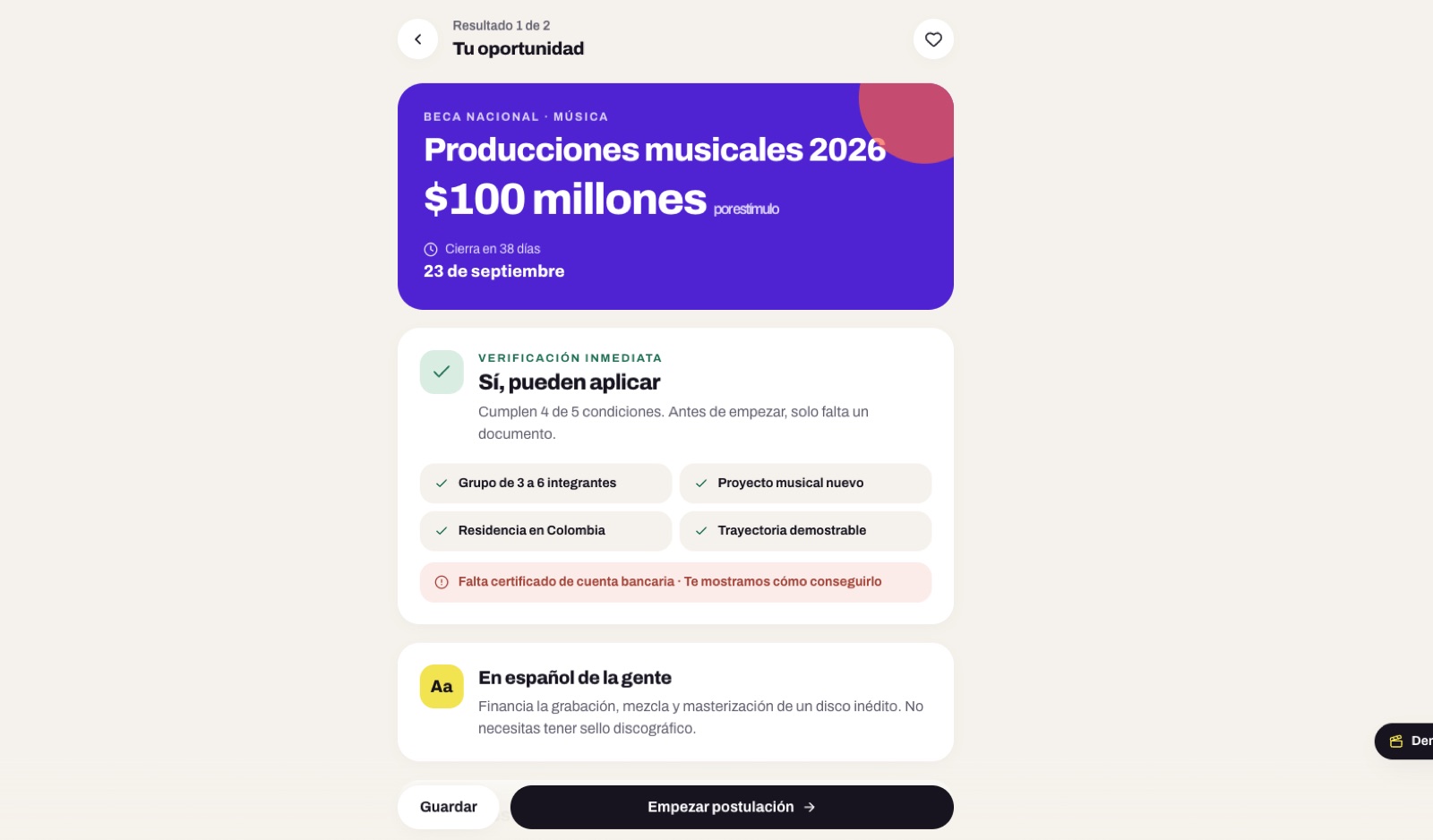Verificación inmediata de elegibilidad: cumple 4 de 5 condiciones y falta el certificado bancario