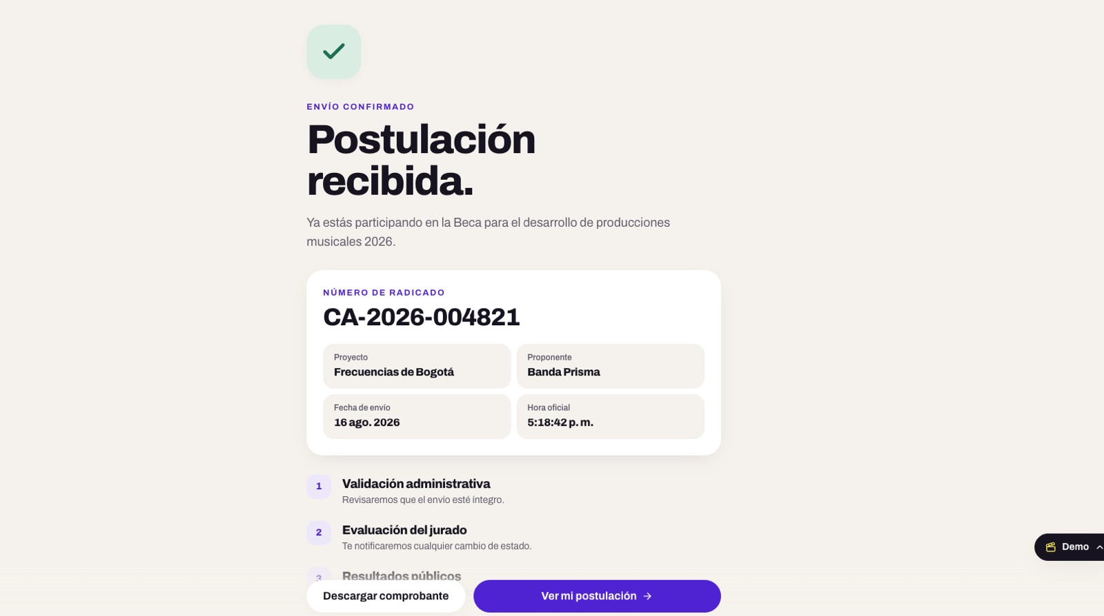 Comprobante de postulación recibida con número de radicado y pasos siguientes