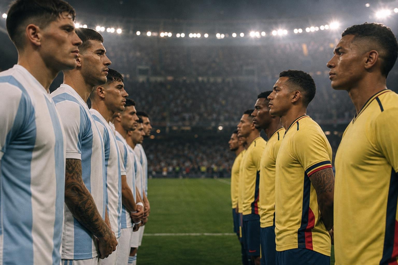 Jugadores de Colombia y Argentina frente a frente antes de la final de la Copa América.