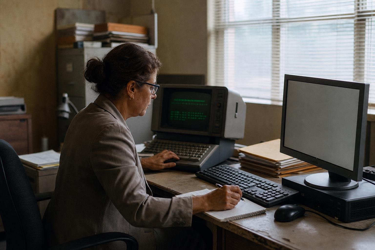 Funcionario transcribe manualmente información de una terminal antigua a un computador moderno en una oficina pública.