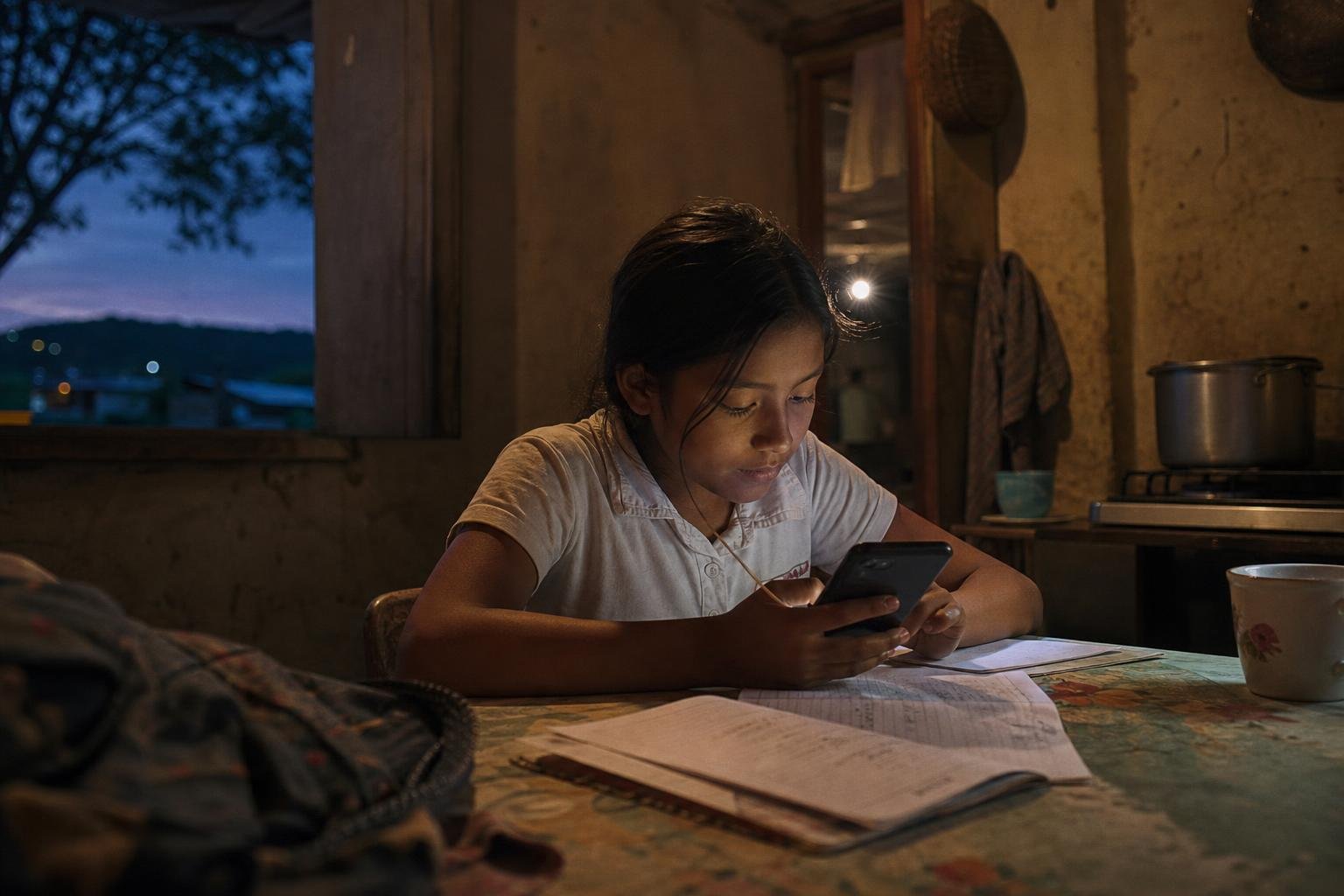 Estudiante hace una tarea con un celular compartido y cuadernos abiertos en una vivienda rural al anochecer.