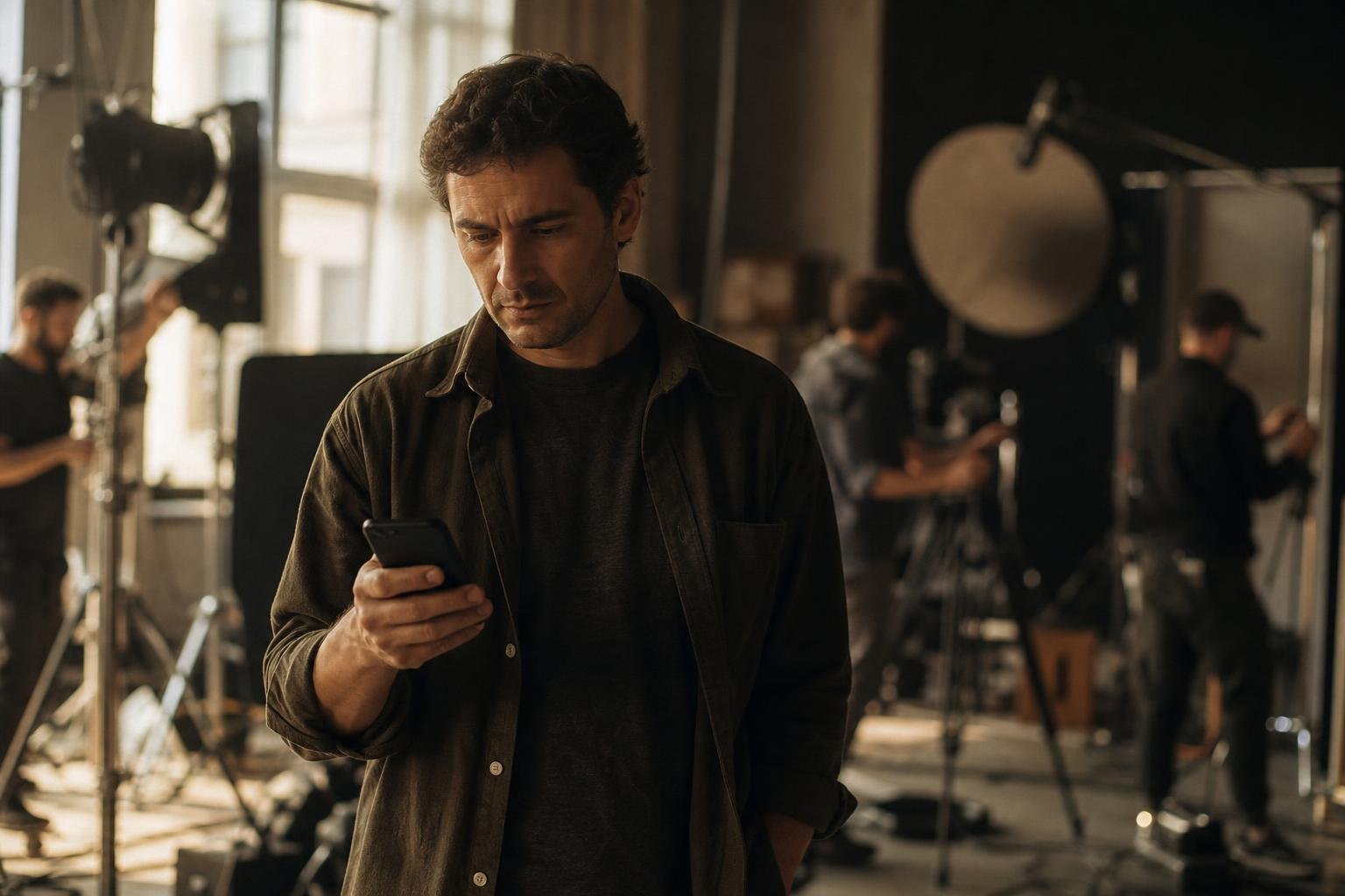 Hombre leyendo un mensaje en su celular mientras un equipo ajusta un set de grabación por la tarde.