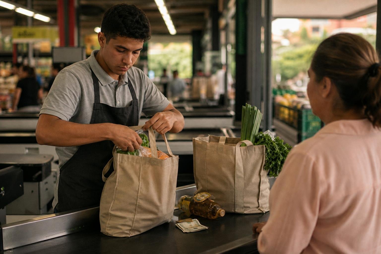 Joven empacando compras en la caja de un supermercado mientras recibe propinas.